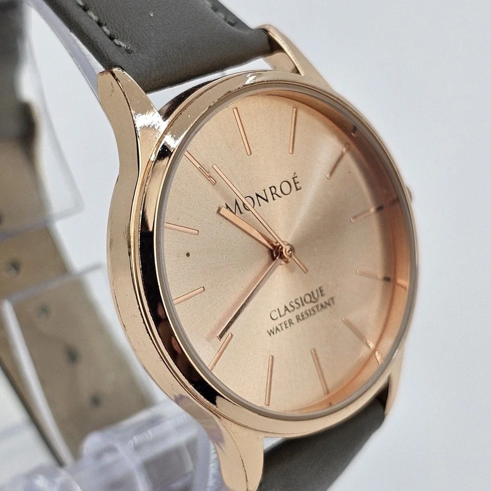 Monroe by Maestro Women Watch 36MM Gold Dial Gray Leather Band Straps NewBattery